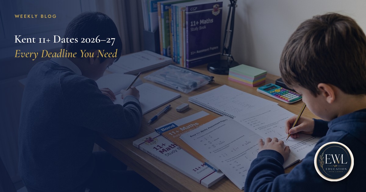 Two children working through 11+ practice papers at a desk